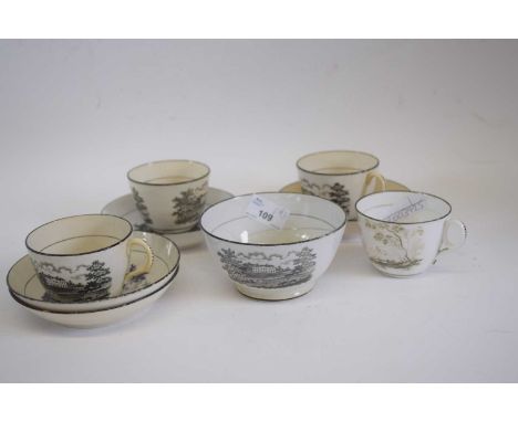 Group of early 19th century New Hall black printed wares in the Deer Park pattern, also including 3 cups, saucers, further cu