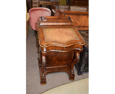 Victorian burr walnut veneered Davenport desk with sloped tooled leather writing surface opening to a satinwood lined interio