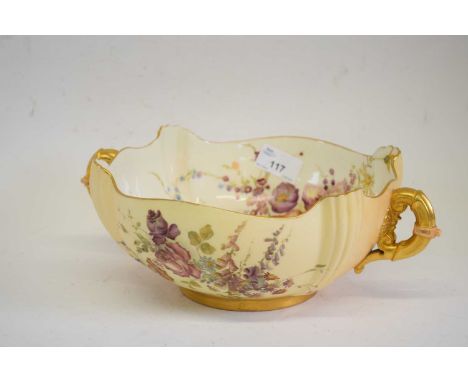 Fine early 20th century Royal Worcester basket of lobed form with gilt handles, the interior finely decorated with flowers, p