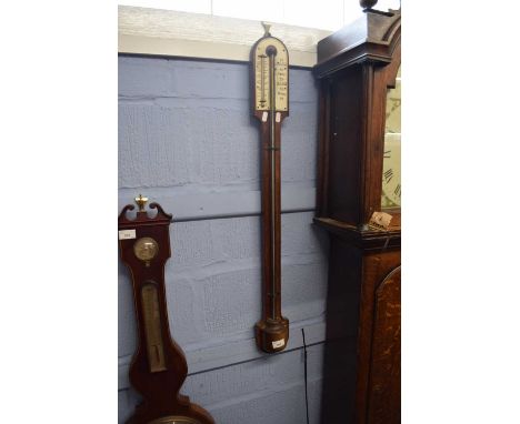 Mahogany framed stick barometer of typical form with subsidiary thermometer, unsigned, 89cm high