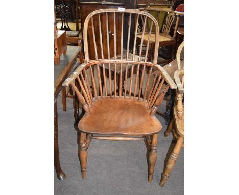 19th century stick back ash and elm seated Windsor chair with turned legs and an 'H' stretcher (a/f), 59cm wide