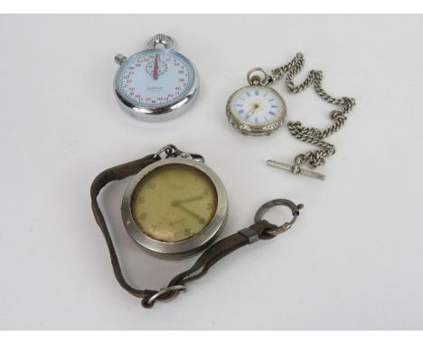 A continental ladies open faced silver pocket watch on a silver Albert chain, 50.41g gross inclusive of movement; a Gloriosa 