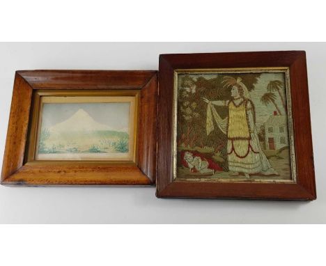 An 18th/19th century tapestry of a mother and her child in a landscape, 22cm x 22cm including frame; together with a framed p