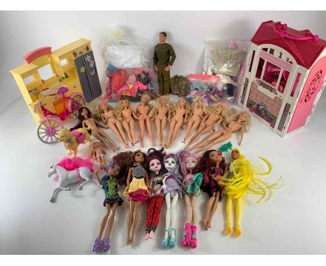 A collection of vintage toys including Mattel Barbie, possibly Monster High dolls, Playmobil, Action Man and others  