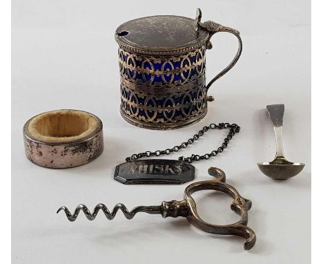 A silver handled corkscrew, a silver whisky decanter label, a Georgian silver spoon, a silver collar and another item