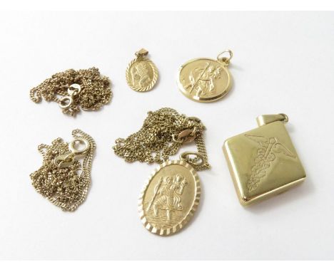 A 9ct gold St Christopher pendant, two 9ct gold chains, and a 9ct gold Medic Alert pendant, 12.64g gross; a St Christopher pe