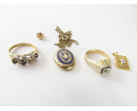 An unmarked rectangular pendant set with a small diamond, tests as 18-22ct gold, a diamond set signet ring, tests as 18-22ct 