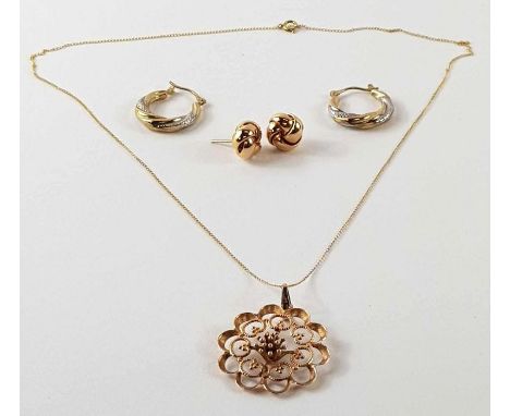 A 9ct gold open work flower pendant and a pair of 9ct gold knot stud earrings, 4.86g gross; a pair of two colour twisted hoop