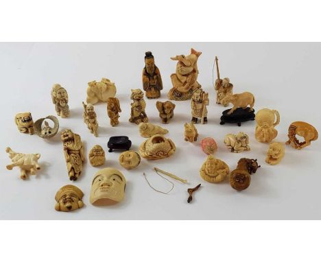 A collection of ivory netsuke to include a rat, horse and monkey; and various okimono