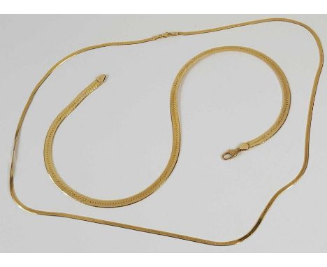 A flat snake chain, marked '14KT', and a slimmer flat snake chain, marked '14k', 45.07g gross