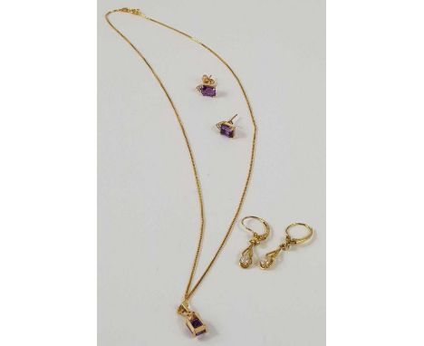 An amethyst and colourless stone pendant on a fine box chain marked '14kt', and a pair of matching stud earrings, 4.13g gross