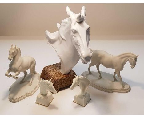 Two Royal Worcester head sculptures "Aethon" and "Pyroeis", along with two Franklin Mint figures of horses and one other 