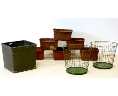 A set of six leather button buckets with steel studwork, each 30 by 15cm, a studded cardboard bucket, 35 by 34, and two green