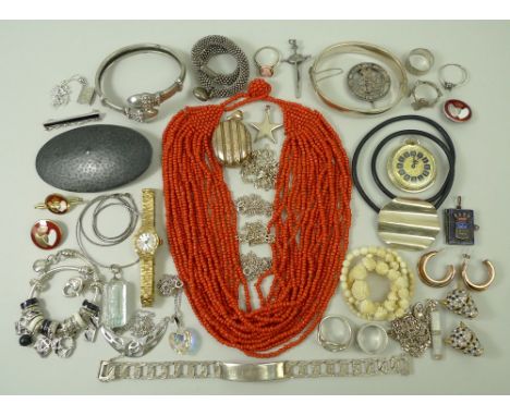 A quantity of silver and costume jewellery including a gilt double photo locket, pair of Butler & Wilson paste set leopard's 