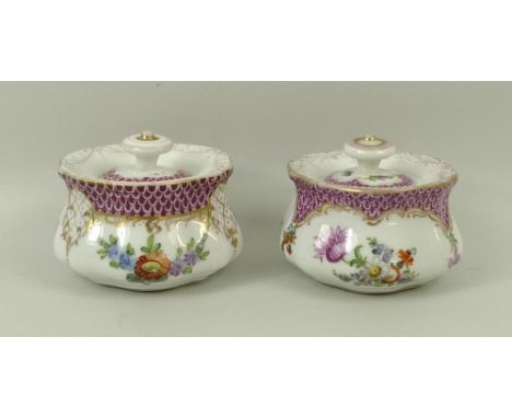 A pair of 19th century Dresden ink wells, Helena Wolfson, the floral decoration with puce fish scale rim, gilded, 7 by 5cm hi