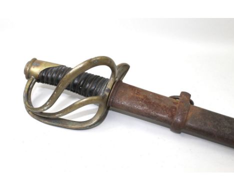 Militaria: a cavalry sword, with three banded brass knuckle guard, wire bound leather grip and steel scabbard, complete with 