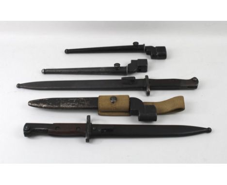 Militaria: a British WWII, No 9, Mk I bayonet, complete with webbing and steel scabbard, two Enfield type, No 4 MkII bayonets