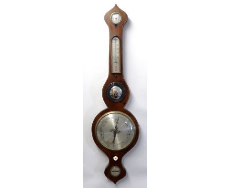 A Victorian mahogany barometer, with boxwood strung borders, a Dry/Damp dial above a thermometer, barometer and level, 25 by 