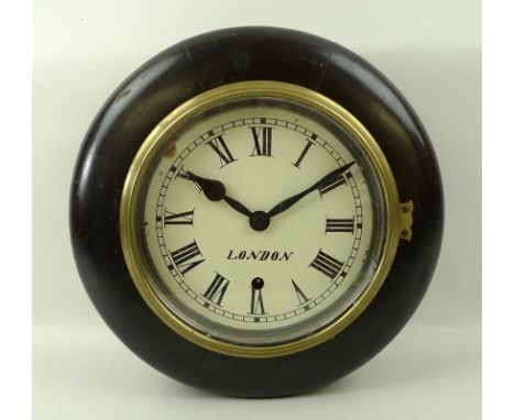 A school wall clock, with bob and key, enamel dial with Roman numerals, marked to the centre 'London', 31cm diameter. 