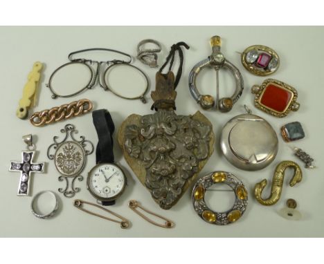 A group of vertu and costume jewellery, comprising a Scottish silver and quartz plaid brooch of open circular setting, a furt