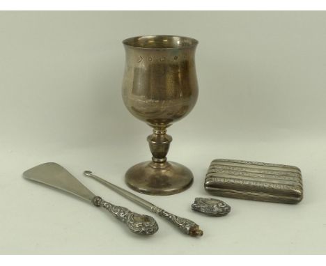 A silver commemoration goblet, 14cm, a cigar case, shaped and engraved with gilded interior, S Bros, Birmingham, 1904, 6 by 9