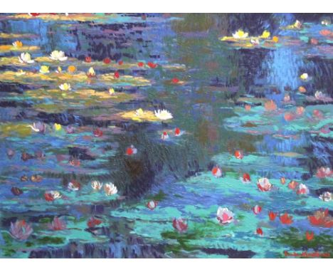 John Myatt (British, 20th century): after Claude Monet, Nympheas, giclee print on canvas hand embellished with oils and varni