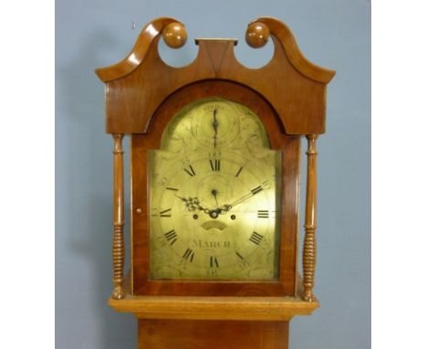 A late 18th century mahogany and oak longcase clock, circa 1780, by James Featherstone, March, engraved brass face with subsi