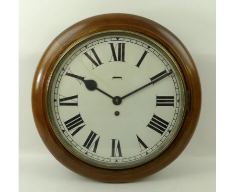 A circular oak cased wall clock, early 20th century, enamel dial bearing Roman numerals, single barrel movement, 40cm diamete