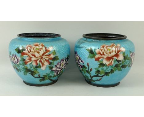 A pair of guilloche enamel and cloisonne vases, early 20th century, the celestial blue enamel ground decorated with peonies a