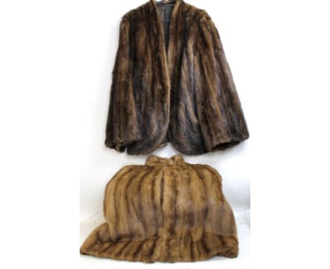 A mink sleeveless cape by John Orton, London, with a single covered button to the collar, together with a mink striped jacket