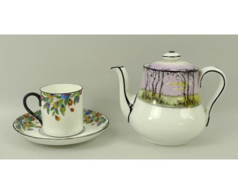 A Royal Doulton bachelor tea set, RdNo 718210, in pink ground with birch tree detail, comprising tea pot, milk jug, sugar bow