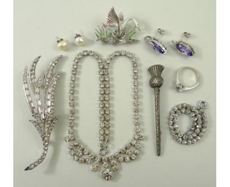 A collection of jewellery comprising a pair of natural pearl earrings, a silver thistle brooch, an enamel swan brooch, a diam