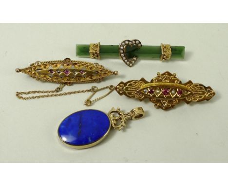 A Victorian 9ct gold brooch set with rubies and seed pearls, further similar brooch set with old cut diamonds and rubies, a N