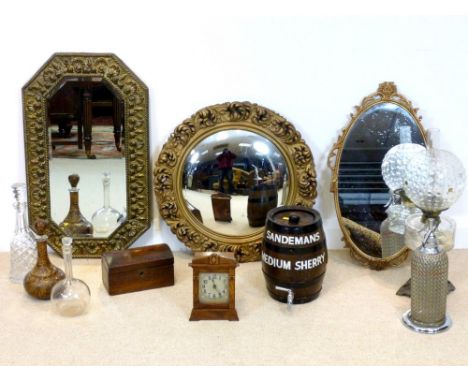 A mixed lot including an Edwardian oil lamp with clear glass shade and chimney, three mirrors with gold coloured frames, a Sa