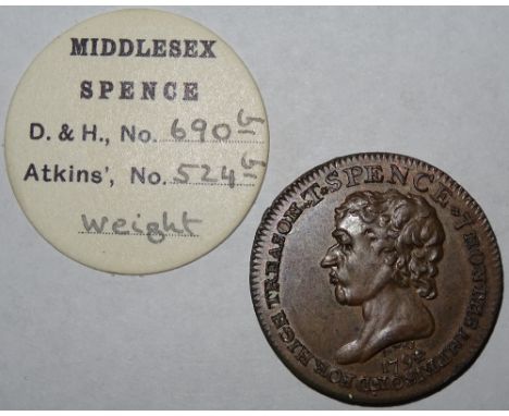 Thomas Spence, Halfpenny token, Spence depicted / two boys at a turnstile, edge plain, 10.6gm, Dalton & Hamer Middlesex 693, 