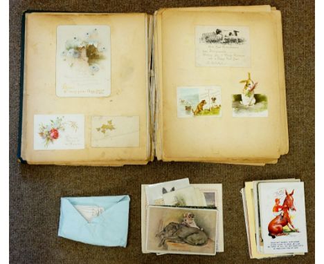 Victorian Scrapbook, pasted in cards, scraps etc, mainly sentimental including children, dogs, cats in the style of Louis Wai