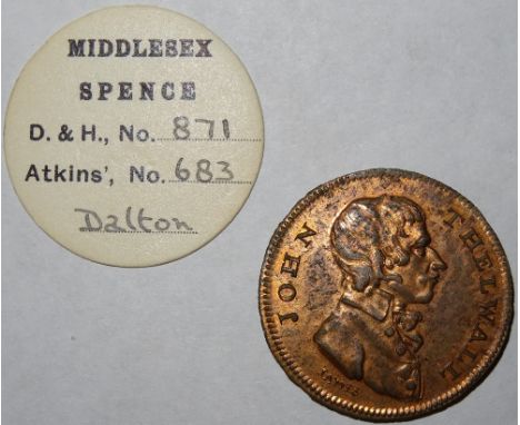Thomas Spence, Halfpenny token, John Thelwall / two boys at a turnstile, edge plain, 10.5gm, Dalton & Hamer Middlesex 871, wi
