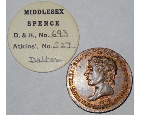 Thomas Spence, Halfpenny token, Spence depicted / a shepherd reclining under a tree, edge plain, 10.4gm, Dalton & Hamer Middl