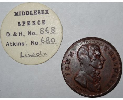 Thomas Spence, Halfpenny token, John Thelwall / Old Bailey, edge plain, 10.3gm, Dalton & Hamer Middlesex 868, with old ticket