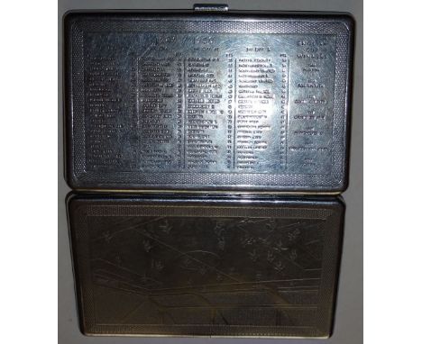 Football, base metal cigarette case, machine stamped with season statistics and football match for 1949/50