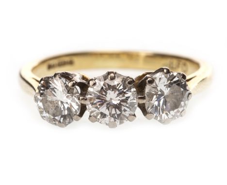 DIAMOND THREE STONE RING, set with round brilliant cut diamonds totalling approximately 1.64 carats overall, in eighteen cara