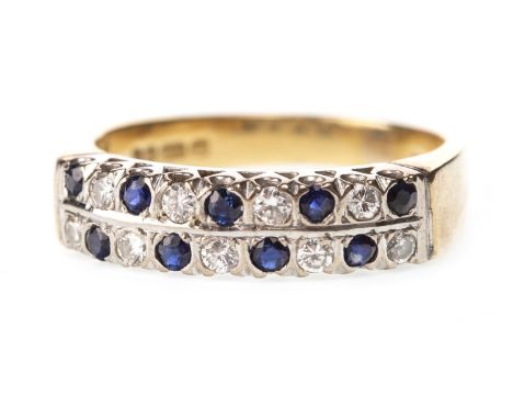 BLUE GEM SET AND DIAMOND RING, with two rows of alternating blue gems and diamonds, in eighteen carat gold, size R, 5.9g