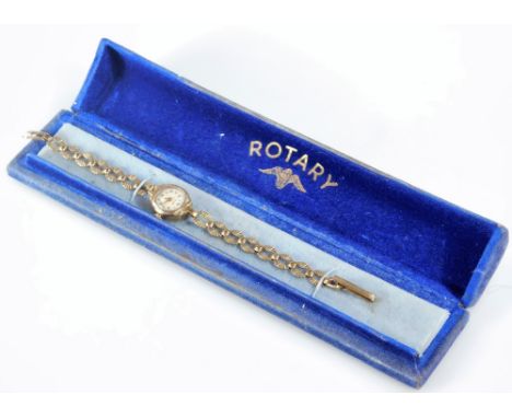 A Rotary 9ct gold ladies wristwatch, with small cream coloured dial, on fan effect bracelet, in Rotary box, 13.2g all in.