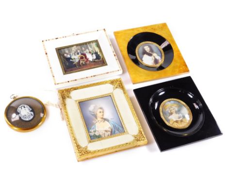 Hihko (20thC).  Portrait miniature, lady quarter profile, signed, 9cm x 7cm, Peter Bates Three Graces cameo, a further Silvo 