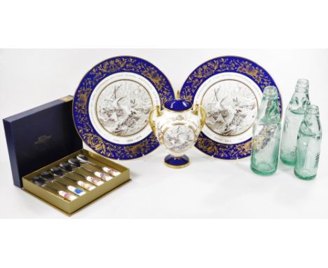 Various china, glass, etc, an RNLI Royal Worcester limited edition lidded vase with gilt highlights, 23cm H, two similar plat