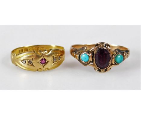 Two dress rings, comprising an 18ct gold ruby and diamond set gypsy ring, ring size N, 1.9g and a Victorian dress ring set wi