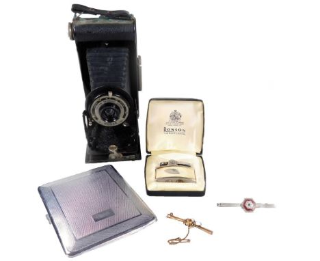 Bygones, collectables, plated cigarette case, 12cm W, Ronson lighter and Kodak folding Brownie camera XIX-20. (a quantity)