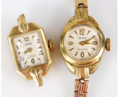 Two ladies wristwatches, comprising an Aristo gold plated ladies wristwatch, and a Jagu yellow metal watch head, marked 14k. 
