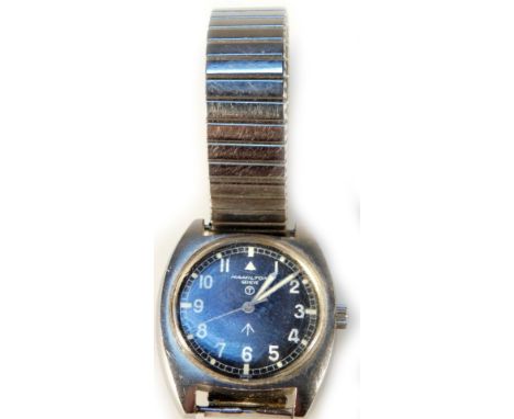 A 20thC Hamilton military issue automatic wristwatch, with 3cm Dia.. Arabic dial with shaped pointers and crow's foot to the 