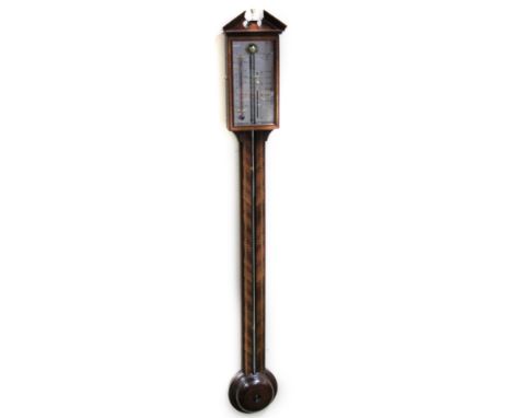 A 20thC Comitti mahogany cased stick barometer, with 9cm W back plate, in part ebonised and box wood strung case, with broken